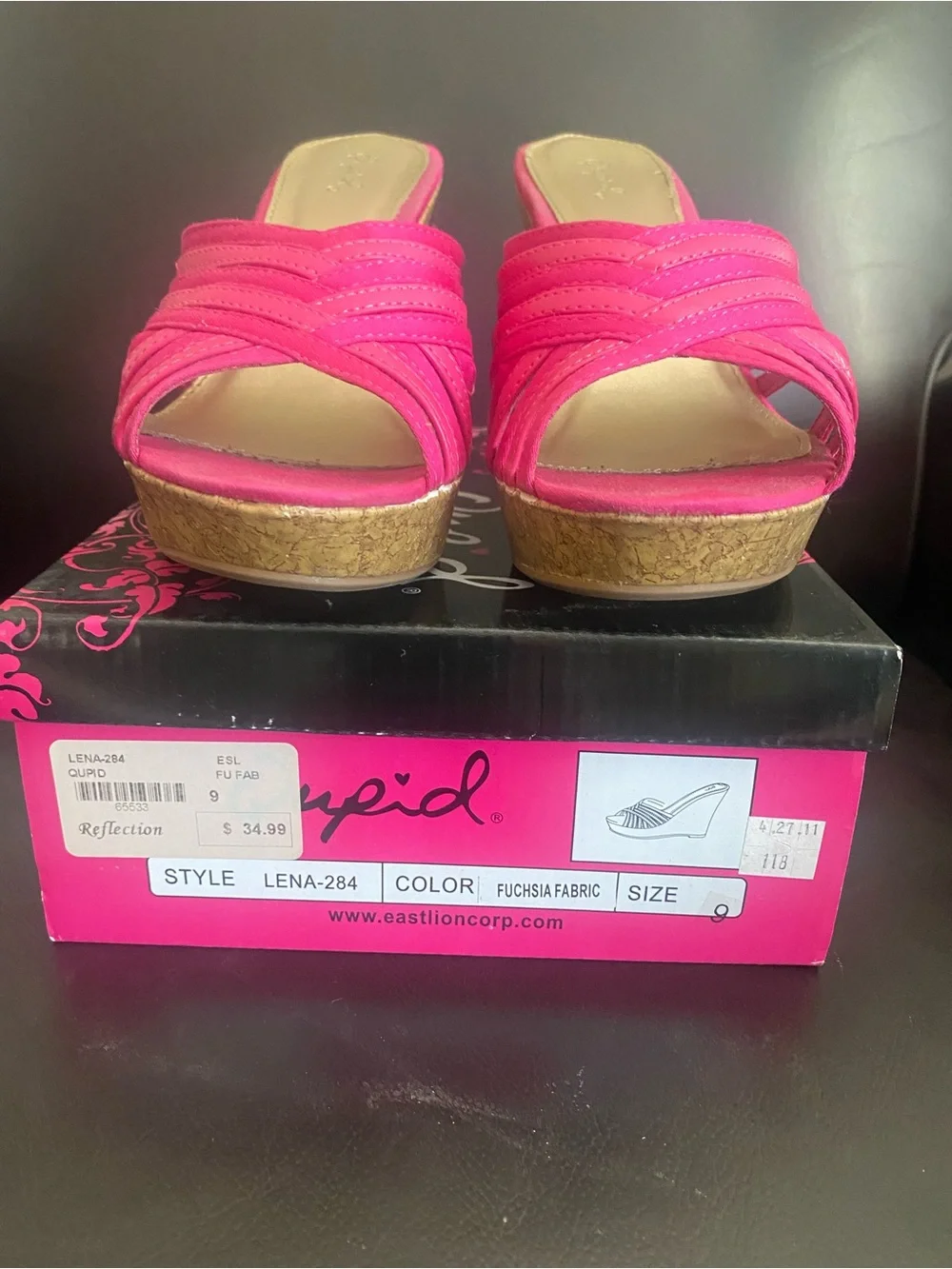 Qupid Fuchsia Strappy Cork Wedge Slide Sandals